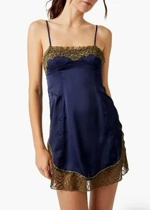Free People #137- Intimately Aries Rising Lace Mini Slip Dress In Navy NWOT thumbnail 1