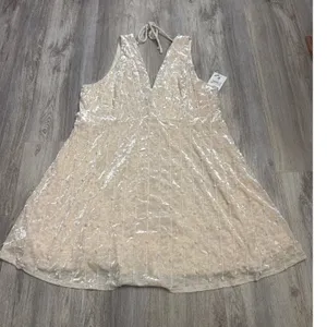 Arula Ivory Crushed Velvet V-Neck Lace Up Back Mini Dress Plus Size 3X NEW thumbnail 2