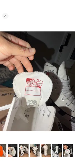 Converse White High-Top Sneakers with Black Checkerboard and Orange Tabs thumbnail 8