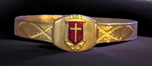 Vintage gold tone embossed red shield cross cuff bracelet thumbnail 1