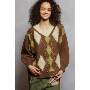 POL V-Neck Argyle Pattern Mohair Sweater with‎ Contrast Exposed Stitch Detail thumbnail 3