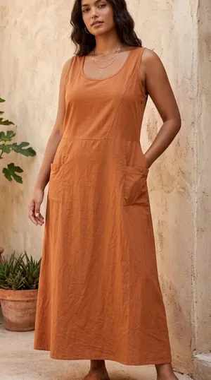 Boho Burnt Orange Cotton Sleeveless Maxi Dress with Pockets - Size L - Like New thumbnail 1