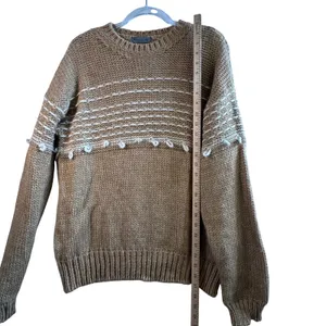 Elsamanda Italy Alpaca Wool Blend Chunky Knit Sweater Tan White Stripe Large‎ L thumbnail 7