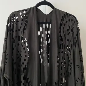 Whimsigoth Faux Suede Boho Western Witchy Laser Cut Fringe Shawl Kimono OS Black thumbnail 2