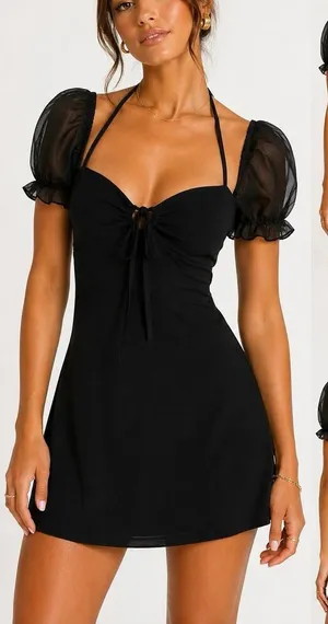 Princess Polly Black Puff Sleeve Mini Dress US 6 Tie Front Party Dress thumbnail 1