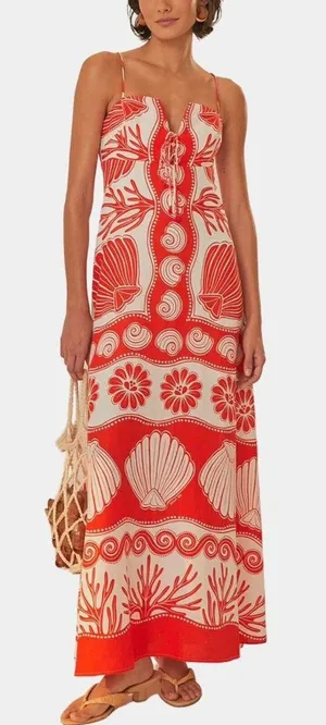 NWOT FARM RIO White Red Ainika Shell Maxi Dress Size M Linen Blend thumbnail 1