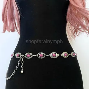 Silver Y2K Pink Stone Concho Waist Chain Belt, Fits 24.5-42.5 Inches, X7GA1298 thumbnail 1