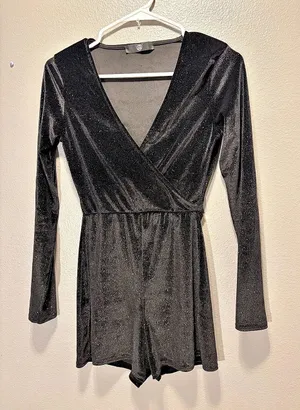 Missguided Womens Black Glitter Velvet Long Sleeve Wrap V-Neck Romper Size M thumbnail 1