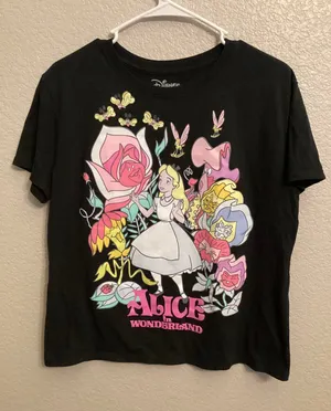 NWOT Classic Disney Alice Wonderland Flower Garden Golden Afternoon Black Tee L thumbnail 1