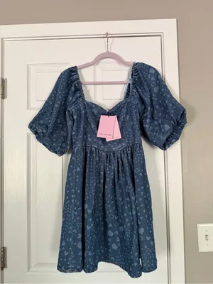Avec Les Filles Bow Back Puff Sleeve Hearts Denim Mini Dress thumbnail 2