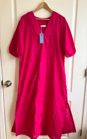 LAKE NWT Gauze Caftan Heatwave Fuchsia Pink Cotton Maxi Dress XL Resort Wear thumbnail 1