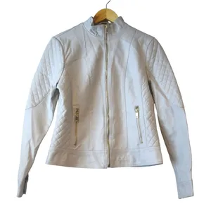 Giacca Moto Jacket‎ Women Medium Off-White NEW Quilted Faux Leather Zip thumbnail 1