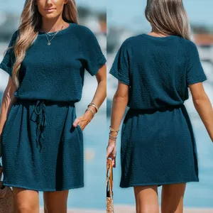 Cupshe Blue Crinkle Dolman Drawstring‎ Dress Cover Up LARGE Travel Casual NWT thumbnail 2