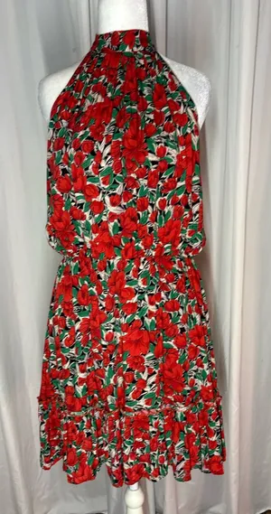 Red Floral Halter Mini Dress with Green Accents thumbnail 1