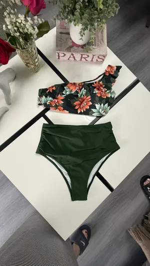 Cupshe Floral One-Shoulder Ruffle Bikini Set - Olive Green & Black Floral - Size L thumbnail 7