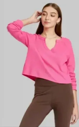 Wild Fable Pink Solid Knit V-Neck Long Sleeve Pullover Sweater Juniors S thumbnail 1