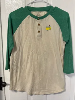 Masters Authentic by Red Jacket Logo Raglan Tshirt with front buttons size Small Green thumbnail 1