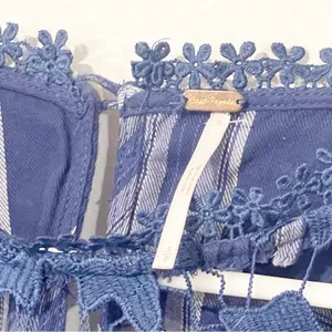 Free People Size Small Darling Diane Lace Top Blue White Flannel Plaid thumbnail 4