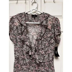 JBS Women Brown Pink Floral Ruffle V-Neck Sheer Mini Dress Size 10 NWT thumbnail 4