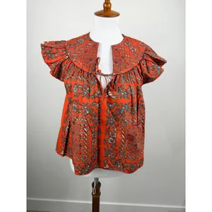 Ulla Johnson Kosta Top Printed V-Neck Blouse Ruffle Flutter Sleeve Orange XS 0 thumbnail 2
