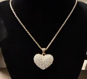 Women’s Vintage Gold Color Heart Necklace Clear Stones 24” Chain thumbnail 1