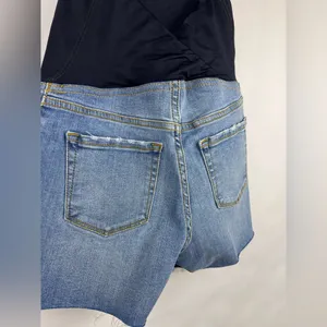 Isabel Maternity Mid Short Denim Jean Shorts Blue Raw Hem Crossover Panel thumbnail 9