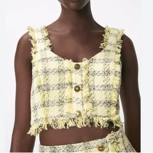 Zara Textured Weave Frayed Hem Yellow Black Tweed Clueless Crop Top Y2K Medium thumbnail 2