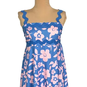 Romantic Boho Blue Pink Floral Maxi Dress M Ruffle Hem Scallop Straps Festival thumbnail 3