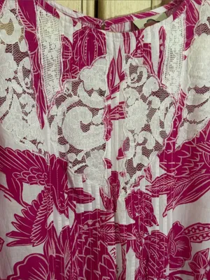 Farm Rio Tropical Woodcut Dress Pink Floral Appliqué Lace Resort Wear Smocked L thumbnail 9