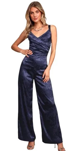 NWT Lulus Sleek Sensation Navy Blue Jacquard Floral Satin Jumpsuit Size Medium thumbnail 1