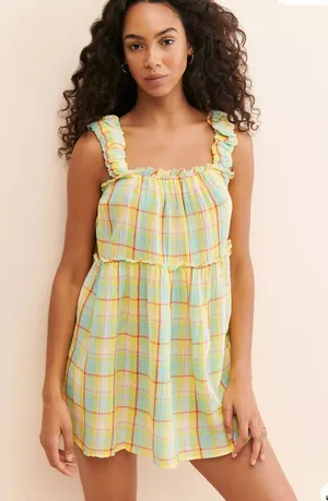 Anthropologie Plaid gauze Ruffle Mini Dress Boho Babydoll yellow size XL thumbnail 1