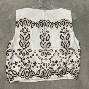 Madewell Top Womens XS Embroidered Sleeveless Bubble Poplin White Brown NZ529 thumbnail 7