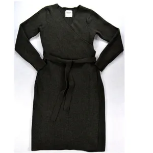 Abercrombie & Fitch Ribbed Knit Wrap Belted Midi Sweater Dress char Grey Large thumbnail 5