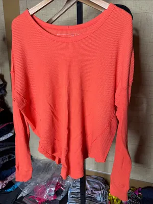 Free People We The Free Bright Orange Waffle Knit Thermal Pullover Top Sz Small thumbnail 3