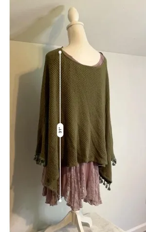 Women's Caramela Olive Green Knit Poncho Shrug Poncho thumbnail 5
