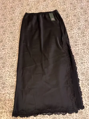 wild fable Black Satin Midi Skirt with Lace Side Trim thumbnail 1