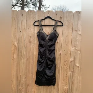 CACHE 2 Black Gold Cocktail Party Body con Dress‎ Stretch Satin Embroidered thumbnail 3