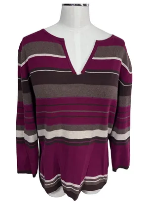 Croft & Barrow L‎ Purple Sweater Women's Striped V-Neck 3/4 Sleeve thumbnail 1