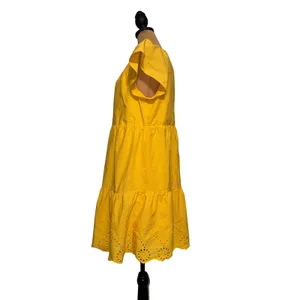 LOFT Yellow Eyelet‎ Tiered Mini Dress Womens Medium Tie Neck Flutter Sleeve thumbnail 4