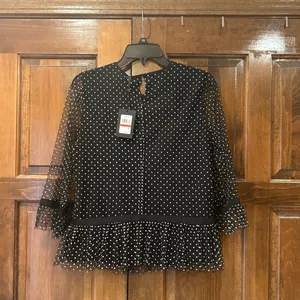 NWT DKNY XS Black Polka Dot Mesh Peplum Blouse Sheer 3/4 Ruffle‎ Sleeve Top thumbnail 5
