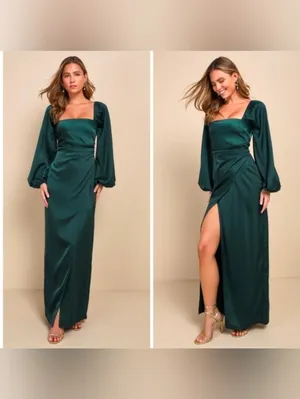 Lulu's Eternal Heart Emerald Green Satin Long Sleeve Maxi Dress thumbnail 2