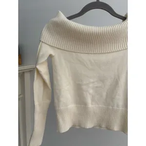 Women’s Ivory Off Shoulder Sweater Ribbed Foldover Cowl Neck Knit Pullover thumbnail 6