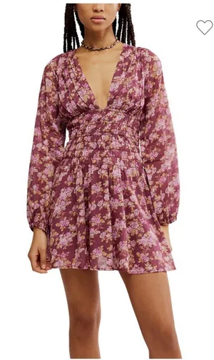 Free People Keep You Floral Moni Dress Plunging Neckline Long Sleeve Smocked thumbnail 1