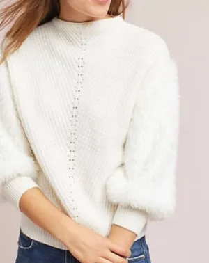 Anthropologie Knitted & Knotted ivory soft eyelash sleeves sweater thumbnail 1
