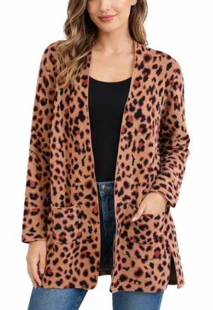 Rachel Zoe Leopard Print Open Front Cardigan Sweater Women’s M Tan Brown Pockets thumbnail 1