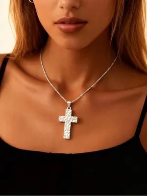 Silver Tone Box Chain Necklace Pavé CZ Cross Pendant Adjustable 17.72" thumbnail 1
