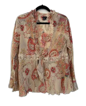 Piano Sheer Floral Paisley Tie Front Blouse Cream Coral Lace Trim Ruffle Size L thumbnail 1