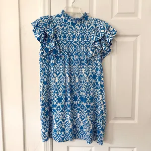 Tuckernuck Hyacinth House Blue White Simmons Ruffle Sleeve High Neck Mini Dress thumbnail 2