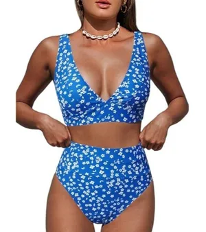 Hilinker Women's LARGE Leopard Bikini Swimsuit High Waisted 2 Piece Blue Floral thumbnail 1