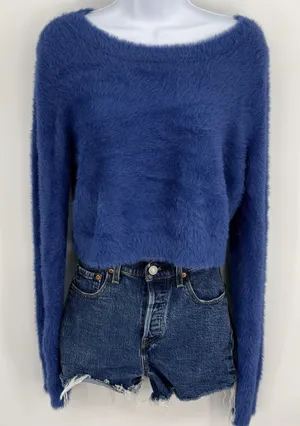 Natural Life Blue Fuzzy Cropped Sweater Boat Neck Long‎ Sleeve Womens XL thumbnail 1